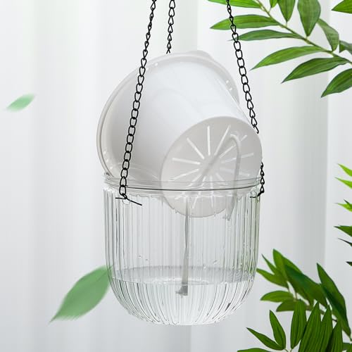 Meanplan 4 Pcs Self Watering Hanging Planter Indoor 6.5 Inch Hanging Baskets for Plants Outdoor Plastic Flower Pot with 3 Hooks Chains Drainage Holes for Garden Home, Medium Size(Clear) - color: Clear
