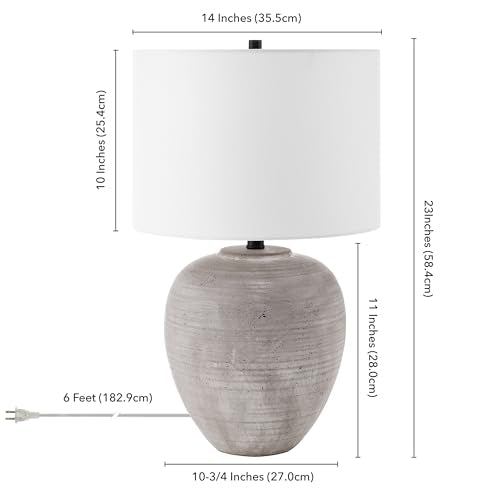 Henn&Hart 23" Modern 1-Light Table Lamp with White Fabric Drum Shade for Living Room, Bedroom, or Office, Rustic Earth