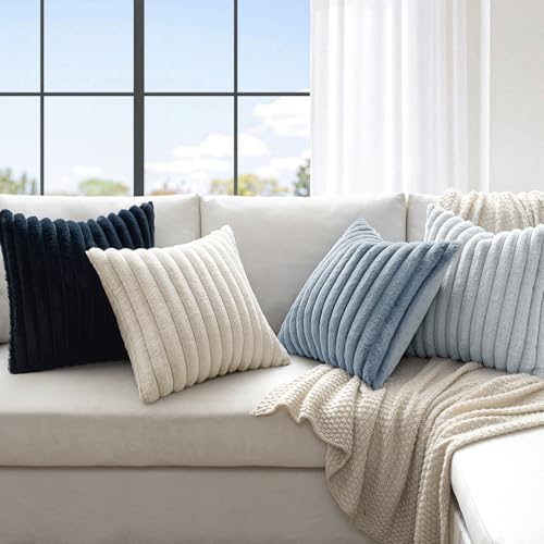 MIULEE Faux Fur Plush Decorative Throw Pillow Covers 18x18 Set of 4, Summer Modern Soft Fuzzy Coastal Striped Cushion Covers for Sofa Couch Bed Living Room Cozy Home Decor,Navy Blue - color: Navy Blue, size: 18" x 18" (Pack of 4)