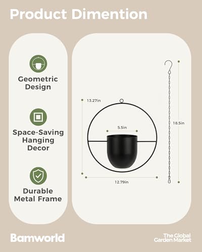 Bamworld Black Hanging Planters for Indoor Outdoor Plants Metal Hanging Pots for Plants 5.5 Inch Modern Hanging Basket Window Plant Hanger Ceiling Hanging Flower Pot with Chain for Wall Decor (Round) - size: Round - 5.5in