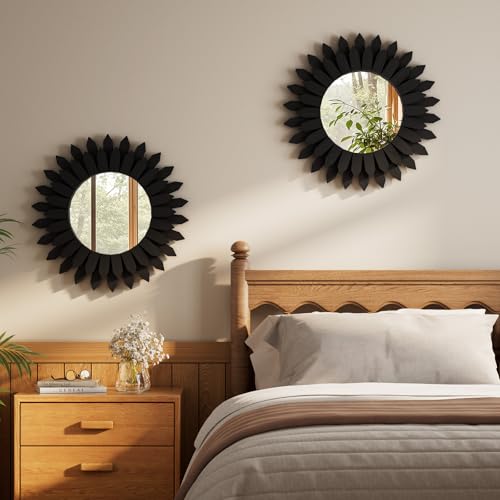Boho Wood Sunburst Round Wall Mirror, 20 Inch Rustic Circle Wooden Frame Decorative Mirror for Farmhouse Coastal Home, Home Wall Decor for Living Room Entryway Bedroom, Black - color: Black, size: 20"L x 20"W