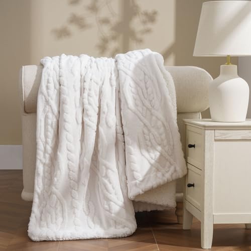 EverGrace Classic Cable Jacquard Sherpa Fleece Throw Blanket for Couch, Soft Cozy Fuzzy Plush Blankets for All Seasons, Reversible Thick Warm Blanket for Bed, Sofa, Bleach White, 50" x 60" - color: Bleach White, size: 50x60 Inches
