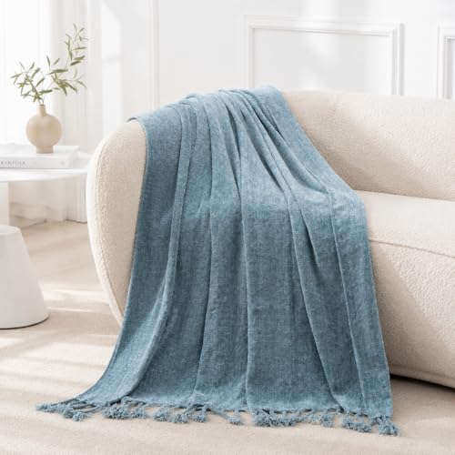 BATTILO HOME Dusty Blue Chenille Throw Blanket for Couch, Soft Cozy Textured Knit Throw Blanket with Handmade Fringe Tassels, Lightweight Decorative Farmhouse Blanket for Sofa Bed Chair, 50"x60" - color: Dusty Blue