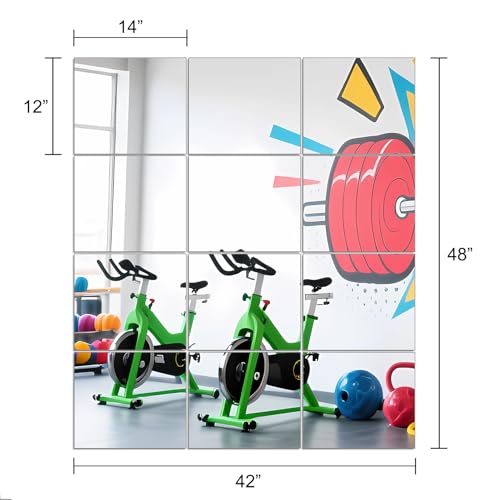 Ruomeng Gym Mirror Tiles - 14" x 12" x 12Pcs Wall Mounted Mirror Glass Frameless Full Length Mirror Tiles for Home Gym, Bedroom, Door & Bathroom - size: 14"x12"-12pcs