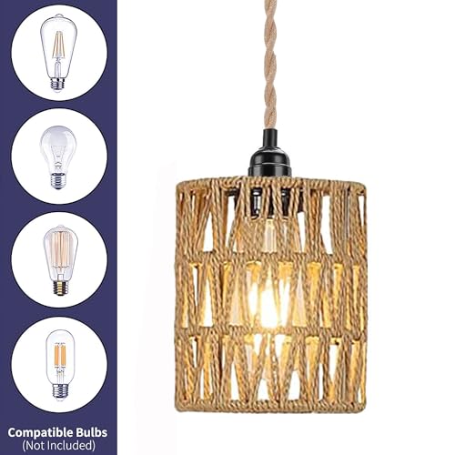 2X Boho Plug in Pendant Light, Hanging Light with Plug in Cord Ceiling Lamp Rattan Cylinder Lamp Shade On-Off Switch Hanging Plant Shelf Shelves Bohemian Decor for Bedroom Living Room Corner