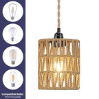 2X Boho Plug in Pendant Light, Hanging Light with Plug in Cord Ceiling Lamp Rattan Cylinder Lamp Shade On-Off Switch Hanging Plant Shelf Shelves Bohemian Decor for Bedroom Living Room Corner