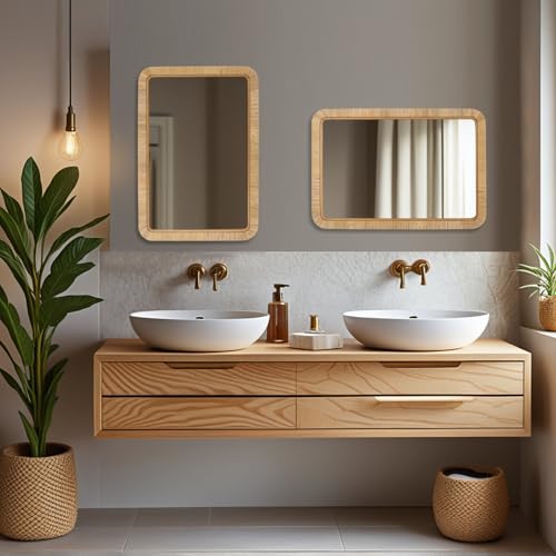 FUIN 20" x 30" Rattan Wicker Rectangle Wall Mounted Bathroom Mirror for Coastal Boho Nursery Decor, Natural - color: Rattan, size: 30"L x 20"W