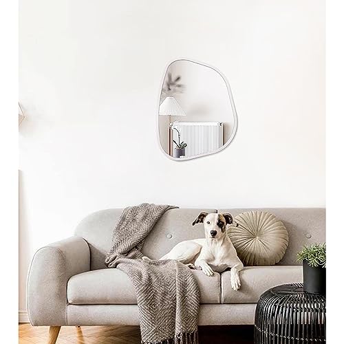 White Irregular Bathroom Mirror Modern Oval Wall Mirror Asymmetrical Wooden Framed Wall Mirror Unique Shape Wall Mounted Vanity Artistic Mirror Decor for Living Room Bedroom Entryway Small 14"x10" - color: White, size: 14"L x 10"W