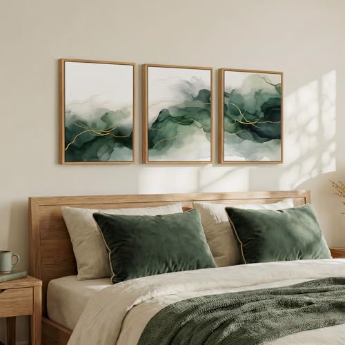Framed Abstract Emerald Green Wall Art Bedroom, 3 Piece Modern Minimalist Watercolor Prints Canvas Artwork for Walls, Flowing Gold Lines Pictures for Living Room Home Office Wall Decor, 12x16 Inch - color: Emerald Green