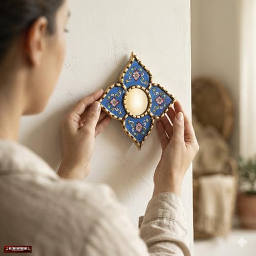 Peruvian Painted Glass Mirror with Bronze Leaf Framed - Handmade Diamond Mirror 6in for Gallery wall (Blue) - color: Blue