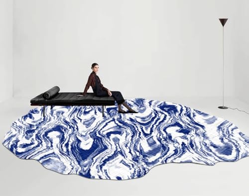 Blue White Abstract Marble Texture Irregular Shaped Area Rug 3x5 Modern Washable Irregular Rugs for Living Room Bedroom Guestroom Soft Thin Faux Wool Carpet Funky Art Deco Office Nursery Floor Mat - color: A, size: 3x5