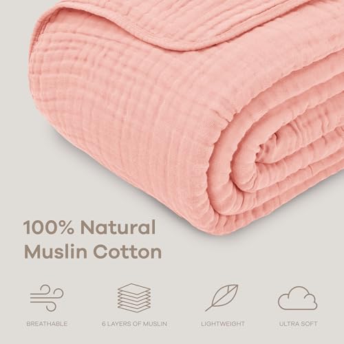 Comfy Cubs Muslin Throw Blanket - 50” x 60” Quilted Design - Lightweight, Breathable 6-Layer Gauze Fabric - Soft Cotton Blanket for Home or Travel - Packaged in Elegant Gift Box - Bold Blush - color: Bold Blush, size: Throw - 50" X 60"
