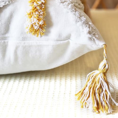 Boho Pillow Covers 18X18 Inch White Yellow Tufted Throw Pillow Covers Decor Tassels Cushion Cover Pillow for Sofa Handmade Embroidery Couch Pillow Covers Retro Boho Pillowcase Covers