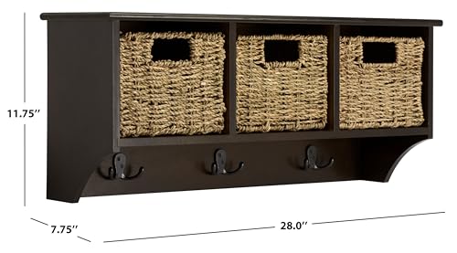 SAFAVIEH Home Collection - Finley Dark Chocolate Brown Wall Mounted 3-Basket Storage Rack with Hooks & Seagrass Baskets (HAC5700D) - color: Dark Chocolate