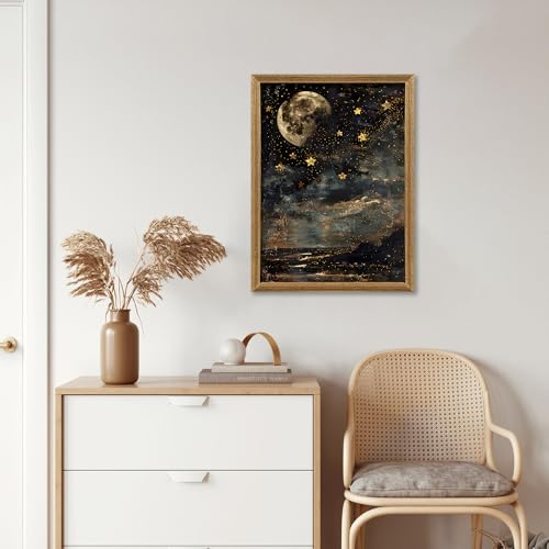 ICHZUMW Moon and Stars Celestial Canvas Wall Art, Mystical Moody Night Sky Poster Prints, Vintage Witchy Dark Academia Wall Decor, Framed Eclectic Gothic Home Decor for Desk Bedroom Bathroom, 12x16in - color: Moonlit Stars, size: 16"L x 12"W