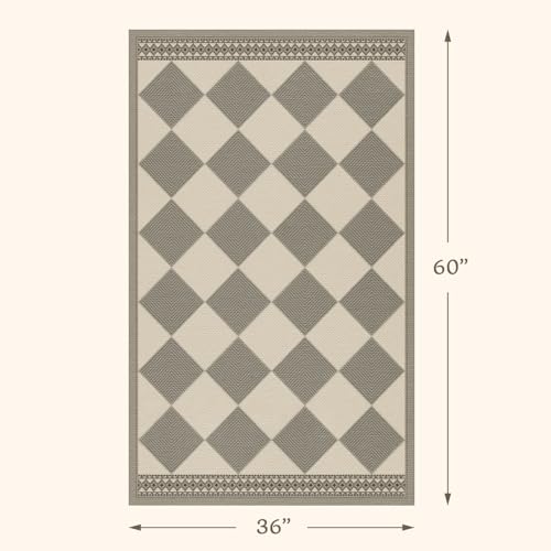 Gray and Cream Checkered Easy Jute 3x5 Outside Area Rug Outdoor Porch Decor, Entryway Rugs Indoor Diamond Geometric Pattern Mat, Patio, Backyard or Entry, Boho Farmhouse Style Washable Non Skid Mat - color: Beige Gray, size: 3' x 5' (Rectangular)