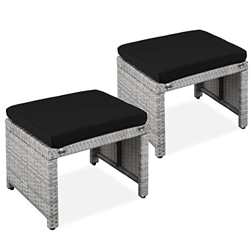 Best Choice Products Set of 2 Wicker Ottomans, Multipurpose Outdoor Furniture for Patio, Backyard, Additional Seating, Footrest, Side Table w/Removable Cushions, Steel Frame - Gray/Black - color: Gray/Black