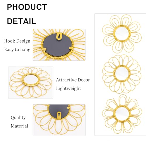 Gold Mirrors 3 Piece, 9 inch Flower-Shaped Mirror Hanging Wall Decor, Valentine Decorative Mirror Wall Art, Round Mirrors for Bedroom,Living Room,Bathroom, House Warming Valentine Gifts - color: Golden-d