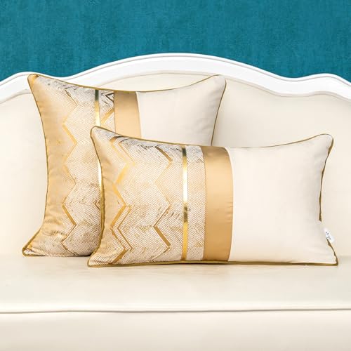 Alerfa 12 x 20 Inch Khaki White Geometric Striped Gold Leather Patchwork Velvet Cushion Case Luxury Modern Lumbar Throw Pillow Cover Decorative Pillow for Couch Sofa Living Room Bedroom Car - color: Khaki, size: 20" x 12" (Pack of 1)