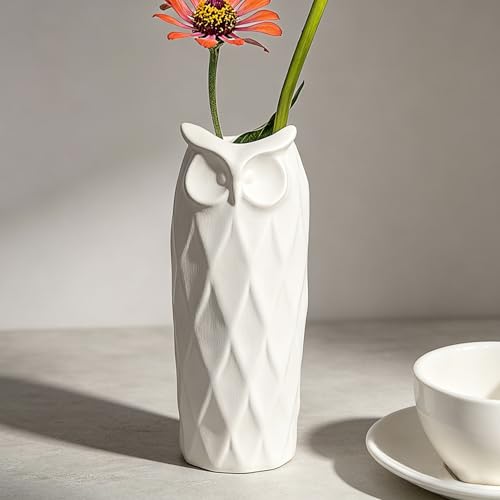 Owl Ceramic Vase Set of 2 for Living Room Bedroom 9.45'' and 8.27'' Modern White Fake Flower Plant Vases for Home Decor Office Table Shelf Fireplace Retro Rustic Farmhouse Vintage Classic Gift - color: White
