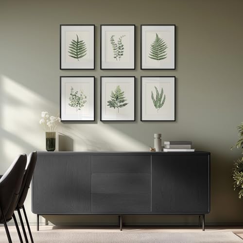 Framed Green Tropical Fern Botanical Wall Art, Set of 6 Nature Ferns Leaf Painting Prints Artwork, Plant Leaves Picture for Modern Farmhouse Living Room Bedroom Bathroom Kitchen Home Decor, 11x14 - color: Green Ferns - Black Framed, size: 11" W x 14" H x