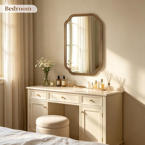HOMECOOKIN Wood Bathroom Mirror for Wall Decor Arched Rounded Corner Rustic Wood Frame Wall Mirror Home Decorative for Vanity, Living Room, Bedroom, Entryway (20 x 30 inch, Natural) - color: Natural, size: 30"L x 20"W