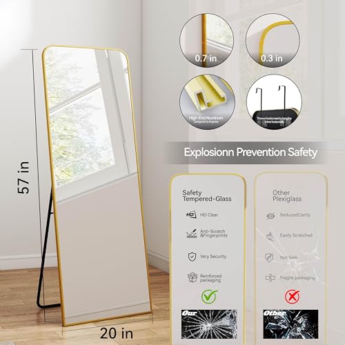 SCWF-GZ 57x20 Full Length Mirror Over The Door Hanging, Floor Stand/Wall Mounted Aluminum Alloy Frame Dressing Mirror for Bedroom Living Room 57 inch Gold - color: Gold, size: 57"L x 20"W