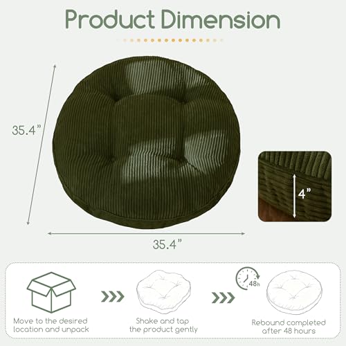 HIGOGOGO 35" Floor Pillow Cushion for Adults, Meditation Cushion Pillow, Extra Large Square Floor Sitting, Tufted Corduroy Cover for Tatami Living Room or Yoga, Dark Green - color: Dark Green, size: 4" Thick Round