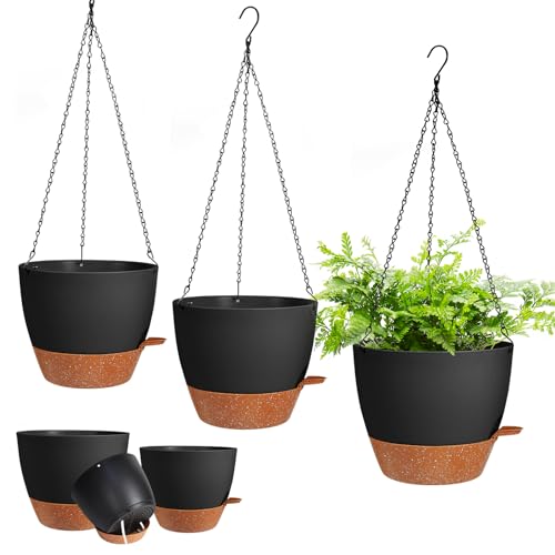3 Pack Hanging Planter Indoor Outdoor Flower Pots 7/6.5/5 Inch, Self-Watering Hanging Pot with Drainage Holes Hanging Baskets Holder Plant Pots for Garden (Black) - color: Black, size: 7/6.5/5 Inch