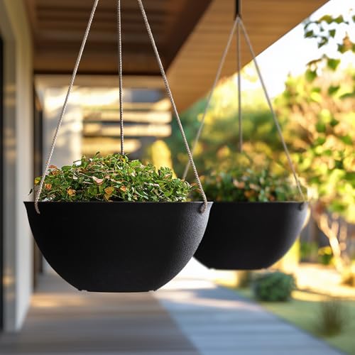 LA JOLIE MUSE Hanging Planters for Outdoor Plants, Large Hanging Planter with Drain Holes, Black Hanging Flower Pots (13.2 Inch, Set of 2) - color: Black