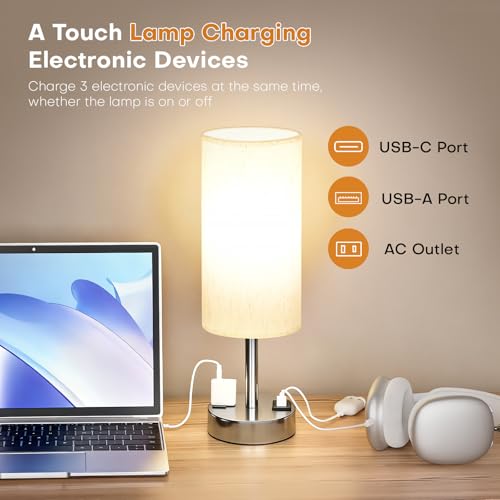 MOICO Bedside Table Lamp for Bedroom, 3-Way Dimmable Nightstand Lamp with USB C, USB A Ports & AC Outlet, Small Table Lamp Fabric Shade for Living Room Dorm Office, LED Bulb Included (14in Silver) - color: Silver