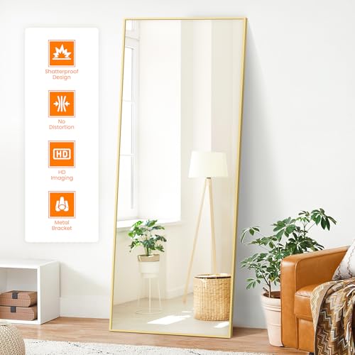 TRAHOME Full Length Standing Mirror, 70"x24" Gold Full Body Mirror with Aluminum Alloy Frame, Free Standing or Wall Mount for Bedroom, Living Room, Dressing Room - color: Gold, size: 70"L x 24"W
