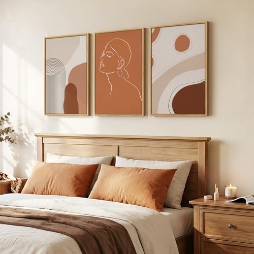 Framed Mid Century Modern Boho Wall Art for Living Room, 3 Piece Abstract Minimalist Line Canvas Artwork for Walls, Large Terracotta Tones Prints Paintings for Bedroom Hallway Wall Decor, 16x24 Inch - color: Brown, size: 24" H x 16" W x 3Pcs