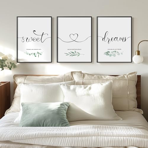 Framed 3 Piece Wall Art Bedroom, Sweet Dreams Signs Pictures Wall Decor Above Bed, Modern Minimalist Master Guest Room Wall Decor, Painting Print Script White Canvas Artwork for Walls, 12x16 Inch - color: Black and White