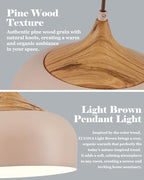 ELYONA 12 Inch Modern Japandi Pendant Light for Kitchen Island Farmhouse Hanging Lamp with Faux Pine Wood Grain Metal Shade, Adjustable Wabi Sabi Ceiling Fixture for Dining Room Bedroom,Light Brown - color: Light Brown