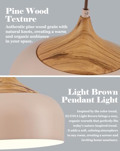 ELYONA 12 Inch Modern Japandi Pendant Light for Kitchen Island Farmhouse Hanging Lamp with Faux Pine Wood Grain Metal Shade, Adjustable Wabi Sabi Ceiling Fixture for Dining Room Bedroom,Light Brown - color: Light Brown