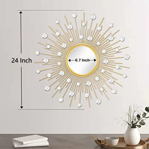 Gold Sunburst Mirror for Wall Decor Metal Sun Wall Mirror Decorative with Crystal Diamond for Living Room Bedroom Entryway Large Circle Mid Century Modern Starburst Wall Hanging 24 Inch