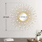 Gold Sunburst Mirror for Wall Decor Metal Sun Wall Mirror Decorative with Crystal Diamond for Living Room Bedroom Entryway Large Circle Mid Century Modern Starburst Wall Hanging 24 Inch