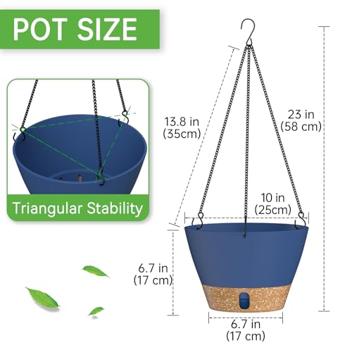 ZMTECH 2 Pack 10 Inch Hanging Baskets for Plants Outdoor Indoor, Modern Blue Planters with Water Level Window & Metal Chain for Balcony Patio Garden Home Decor - color: Blue, size: 10 Inch