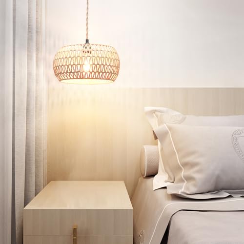 Plug in Pendant Light Rattan Hanging Lamp Pendant Light with on/Off Switch Rattan Woven Shade Hanging Lamp Plug in for Living Room Bedroom Farmhouse - color: Drum