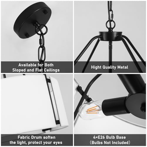 Drum Chandeliers, 18'' Drum Pendant Light Fixture with White Linen Fabric Shade, White Chandelier Adjustable Modern Farmhouse Hanging Lights for Dining Room Bedroom Kitchen Foyer Entryway - color: 18Inch White&Black