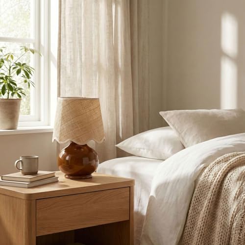 Benton Ceramic Table Lamp with Fabric Shade – 13" Bedside Accent Lamp for Bedroom, Living Room & Nightstand (Brown) - color: Brown