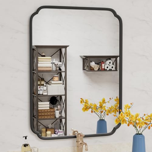Ferytange Matte Black Bathroom Vanity Mirror for Over Sink 30" x 40" Modern Rounded Corner Rectangle Wall Mirror Decorative with Non-Rusting Iron Metal Framed (Horizontal/Vertical) - color: Black, size: 40"L x 30"W