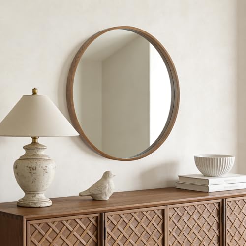 WallBeyond Circle Mirror with Wood Frame, 28" Round Modern Decoration Large Home Decor Mirror for Bathroom Living Room Bedroom Entryway (28" Diameter, Walnut) - color: Walnut, size: 28"L x 28"W