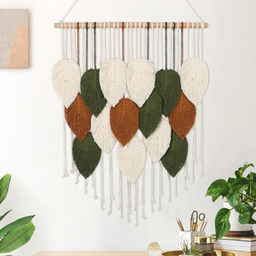 KHOYIME Macrame Wall Hanging Boho Woven Tapestry, Chic Home Decor Modern Bohemian Handmade Leaf Feather Wall Art Decorations for Apartment Dorm Living Room Bedroom Nursery Backdrop 23.6" W X 29.5" L - color: 23.6"W x 29.5"L