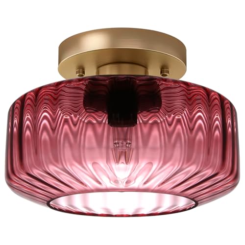 8.66" Low-Profile Purple Glass Flush Mount Ceiling Light, Gold Metal 1-Light Fixture, Easy Install Semi-Flush Lamp for Small Bedrooms, Bathrooms, Closets - color: Small, 8.66" Purple