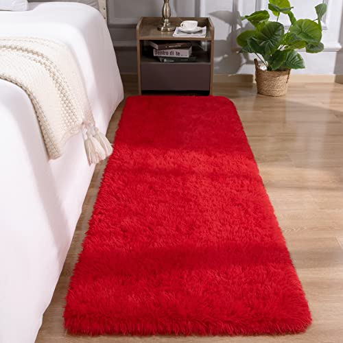 DETUM Red Rug 2x6 Feet - Fluffy Red Runner Rugs for Bedroom Shaggy 2' X 6' Living Room Rug Soft Rugs for Kids Room Non-Slip Nursery Office Dorm Washable Carpets Home Decor - color: Red, size: 2 x 6 feet