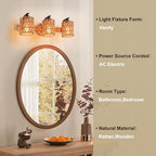 Boho Vanity Light Fixtures,Bathroom Lights Over Mirror,Rustic Rattan Wall Sconce with Woven Cage,3-Light Boho Wall Mounted Light Wooden Farmhouse Vanity Lighting for Bedroom Hallway Living Room Foyer - color: Cylinder shade