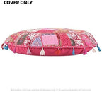 GANESHAM Indian Handmade Vintage Patchwork Cotton Boho Chic Bohemian Hand Embroidered Decorative Ethnic Foot Stool Round Floor Pillows & Cushion Cover Seating Pouf Ottoman (Pink, 32 inch)