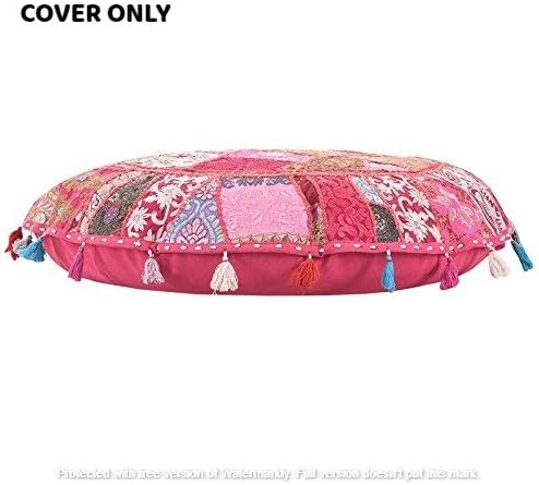 GANESHAM Indian Handmade Vintage Patchwork Cotton Boho Chic Bohemian Hand Embroidered Decorative Ethnic Foot Stool Round Floor Pillows & Cushion Cover Seating Pouf Ottoman (Pink, 32 inch)